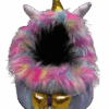 A colorful fluffy unicorn plush toy with golden feet and horn.