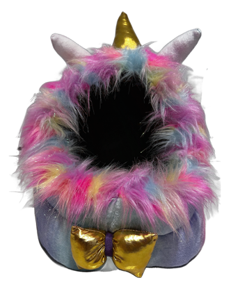 A colorful fluffy unicorn plush toy with golden feet and horn.