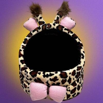 Cute leopard print pet bed with pink bows and ears.