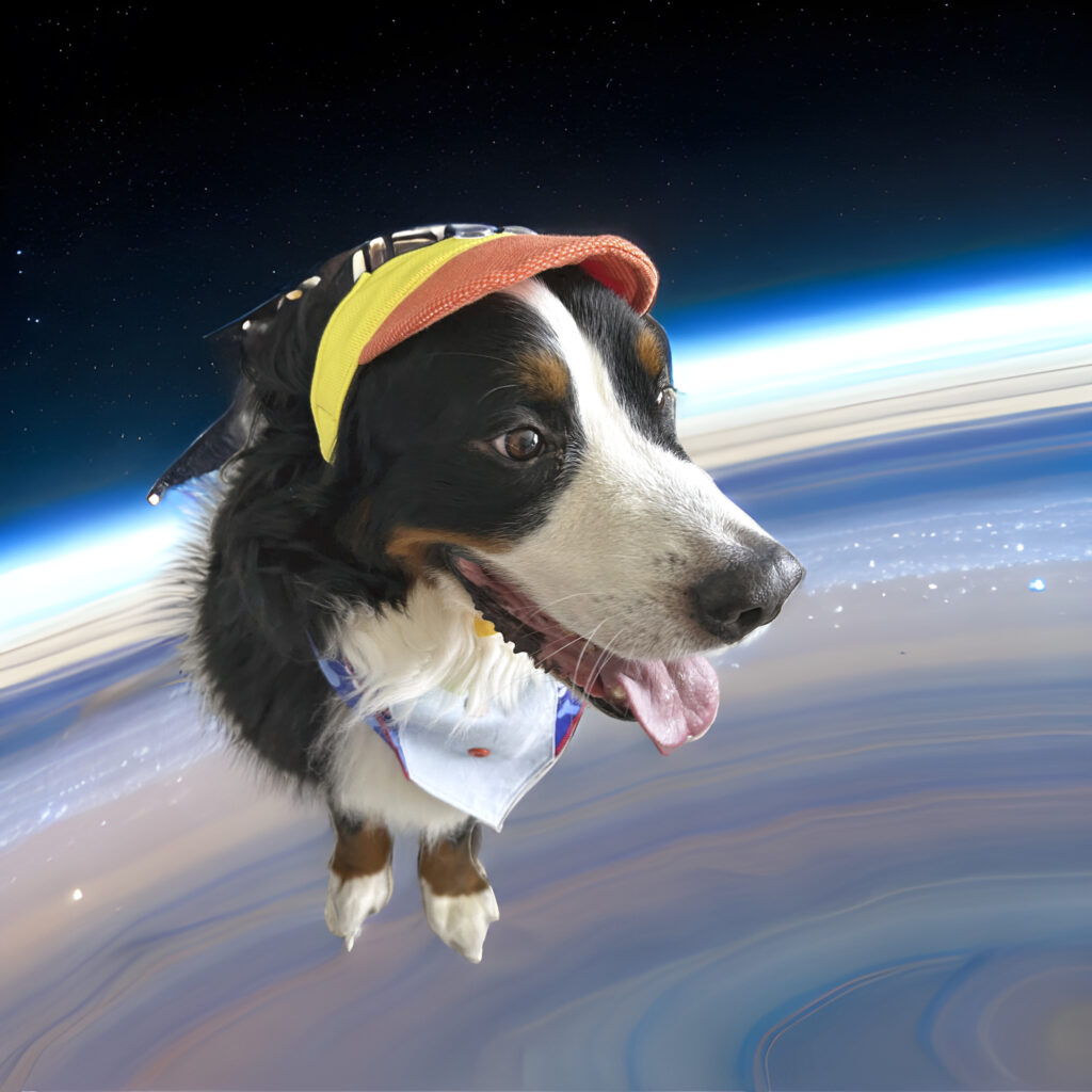 Dog wearing a hat floating above Earth in space.